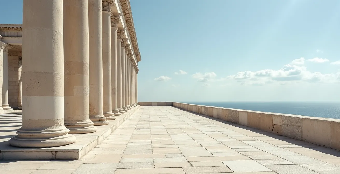 Vue en perspective d'une colonnade antique à Jerash avec jeu d'ombres et lumières