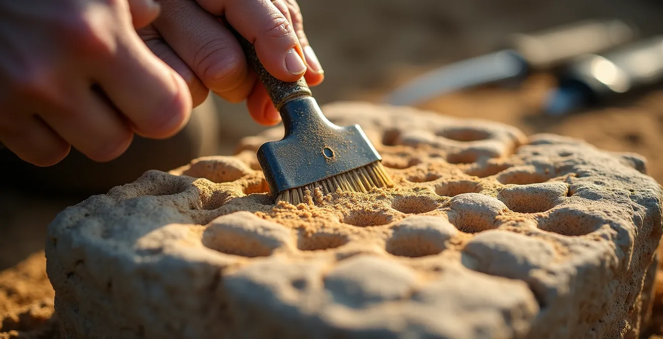 Gros plan de mains d'archéologue travaillant sur des fragments de pierre ancienne