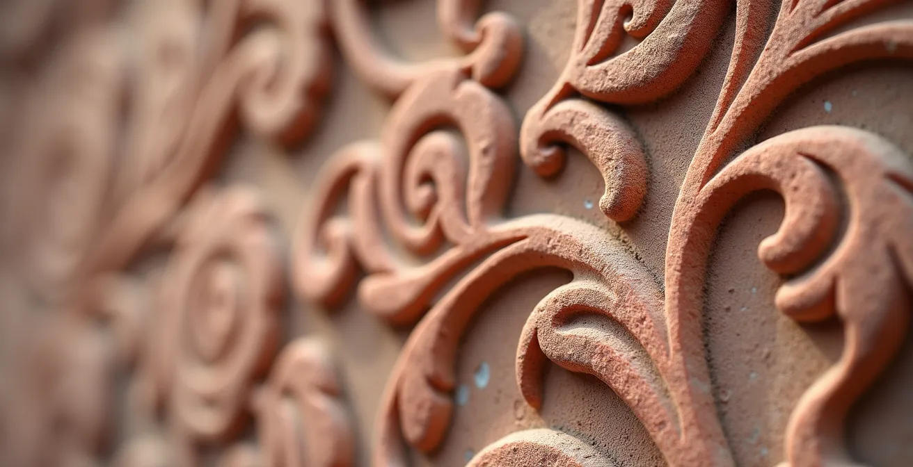 Gros plan sur un chapiteau nabatéen sculpté dans le grès rose avec des motifs floraux