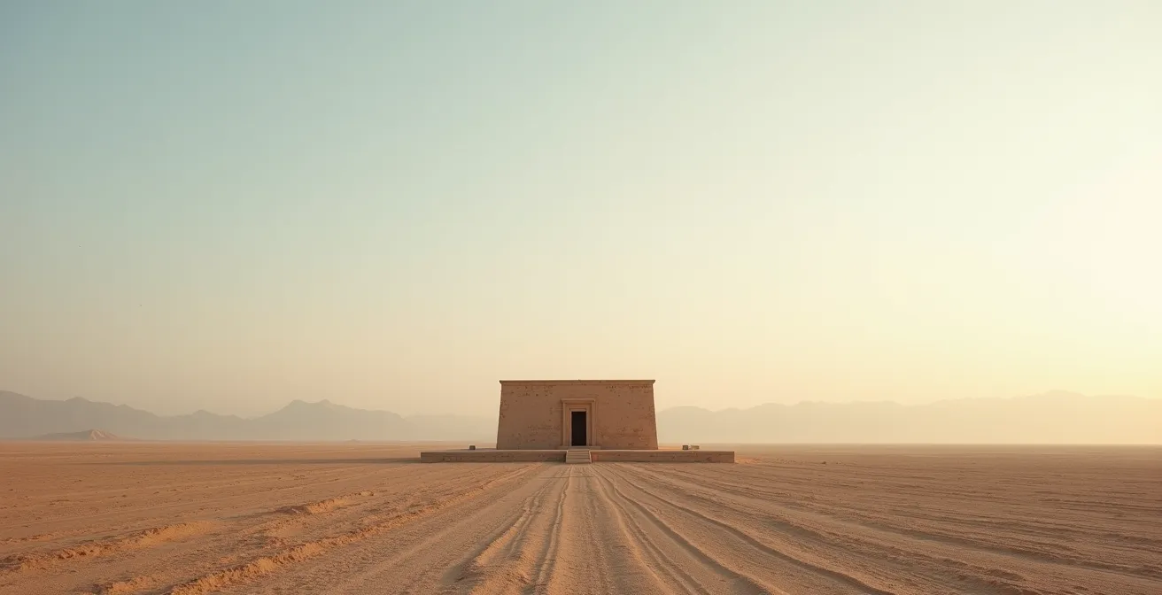 Vue panoramique épurée d'un temple ancien isolé dans un vaste paysage désertique