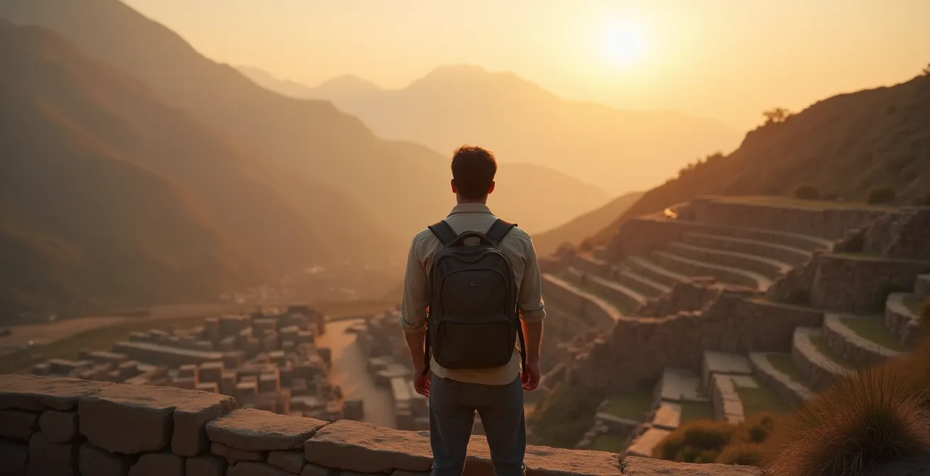 Personne seule contemplant un vaste site archéologique au coucher du soleil